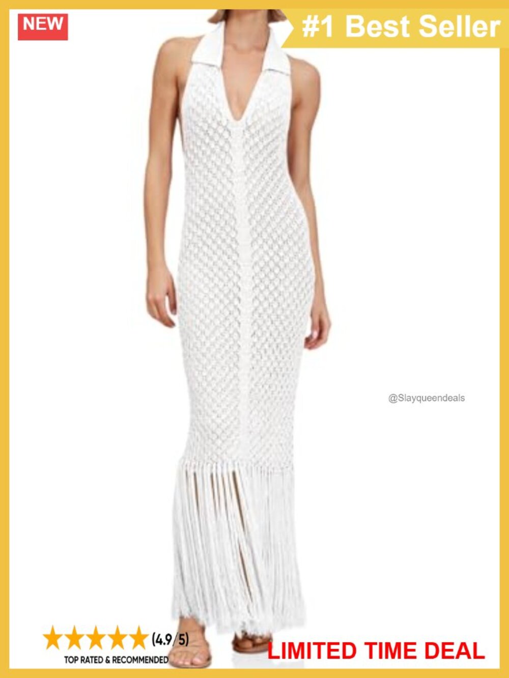 Crochet Halter Fringe Backless Maxi Beach Cover-Up Dress